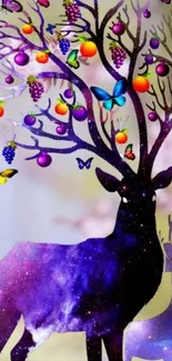 Fantasy deer with colorful fruits and butterflies, artistic mobile wallpaper.