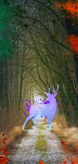 Abstract deer in colorful forest with vibrant green and orange hues.