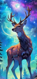 Majestic deer in a colorful, enchanted forest with a dreamy galaxy sky.