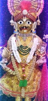 Vibrant mobile wallpaper featuring a traditional gold-clad deity.