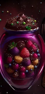 Colorful fruit dessert art with chocolate topping in a glass.