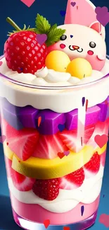 Vibrant dessert wallpaper with fruits and cute topper.