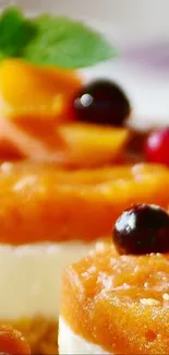 Close-up of a colorful dessert with vibrant fruit toppings.