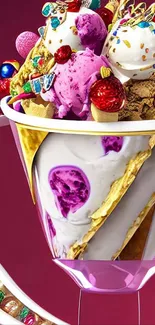 A vibrant wallpaper featuring colorful ice cream and candy decorations in a cup.