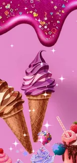 Colorful dessert wallpaper with ice cream and cupcakes on a pink background.