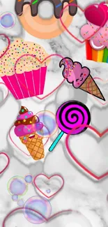 Colorful dessert-themed mobile wallpaper with cupcakes and donuts.