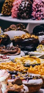 A colorful assortment of desserts displayed on a wooden table.