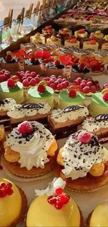 Colorful pastry and dessert display on a bakery counter.