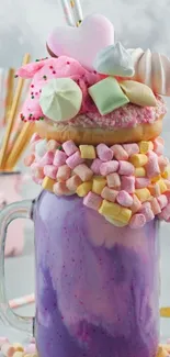 Vibrant milkshake with candy and marshmallows in pastel hues.