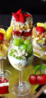 Vibrant dessert parfaits with fruits and granola in glasses.