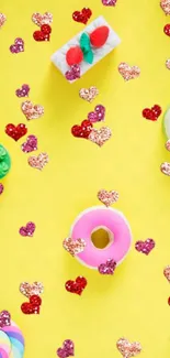 Colorful desserts and hearts on yellow background.