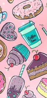 Dessert-themed wallpaper with donuts, cupcakes, and coffee on a pink background.