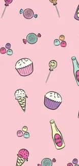 Colorful dessert pattern wallpaper with candies and cupcakes.