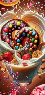 Colorful donuts splashing into milk with candies and strawberries.