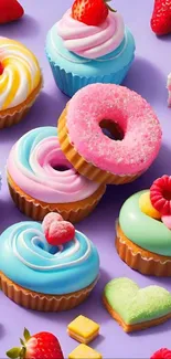 Colorful cupcakes and donuts on pastel background with strawberries.