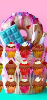 Mobile wallpaper with colorful cupcakes and donuts.