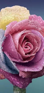 Dew-kissed multicolored rose with pink, blue, and yellow petals.