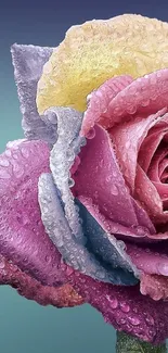 Vibrant rainbow rose with dew droplets on petals.