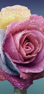 Multicolored rose with dewy petals against gradient background.