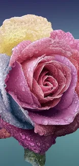 Vibrant dewy rose with multicolored petals on a gradient background.