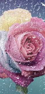 A dewy, vibrant rose with colorful petals on a gradient background.