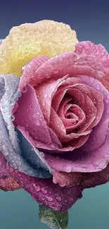 Close-up of a dewy, multicolored rose with vibrant petals and gradient background.