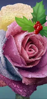 Colorful dewy rose with festive holly decoration.