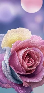 Dew-covered vibrant multi-colored rose on a blurred background.