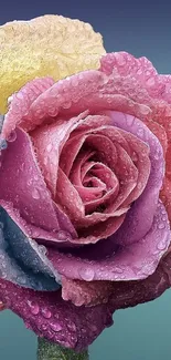 Vibrant dewy rose with colorful petals and water droplets.