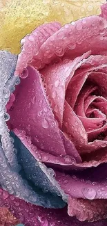 Close-up of a colorful dewy rose with pink, purple, and yellow petals.