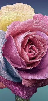 Colorful rose with dewdrops on petals, close-up view as mobile wallpaper.