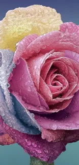 Vibrant multicolored rose with dewdrops on petals.