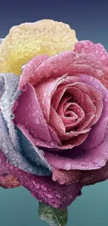 Vibrant rose with dew on petals in colorful shades of pink, purple, and yellow.