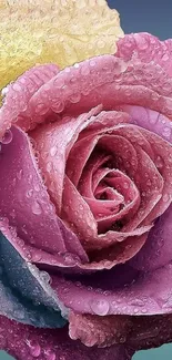 Colorful rose with dewdrops on petals, in pink and purple hues.