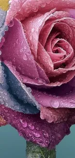 Multi-colored dewy rose with water droplets close-up wallpaper.