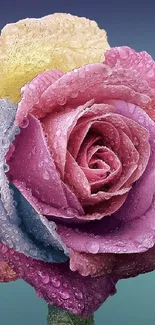 Multicolored rose with dew drops wallpaper for phones.