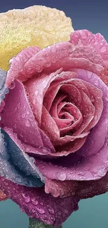 Vibrant dewy rose with pink, purple, and yellow petals covered in droplets.