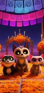 Colorful Dia de los Muertos wallpaper with cheerful animals.