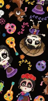 Dia de los Muertos themed wallpaper with colorful skulls and festive motifs.