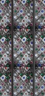 Colorful diamond pattern wallpaper with glass tiles.