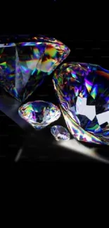 Colorful diamond reflections on a black background with light play.