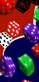 Vibrant dice themed mobile wallpaper with colorful dice on a bold background.