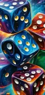 Colorful artistic dice on a cosmic background wallpaper.