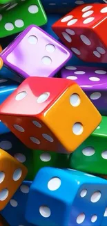 Pile of colorful dice forming a vibrant pattern.