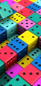 Vibrant 3D blocks of colorful dice pattern.