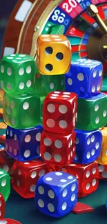 Colorful dice stacked with a roulette wheel in the background.
