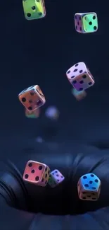 Colorful dice falling into a black hole.