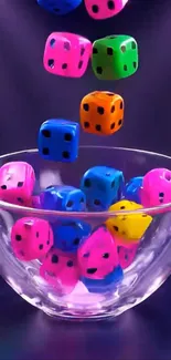 Colorful dice falling into a glass bowl on a purple background.