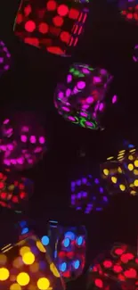 Colorful glowing dice against a dark background.