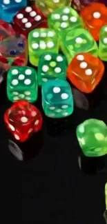 Colorful dice scattered on a glossy black background.